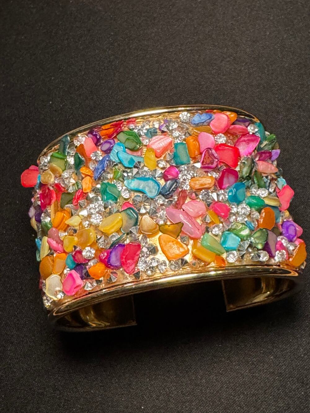 Gold Plated Rainbow Gemstones Crystals Cuff Bracelet 7in